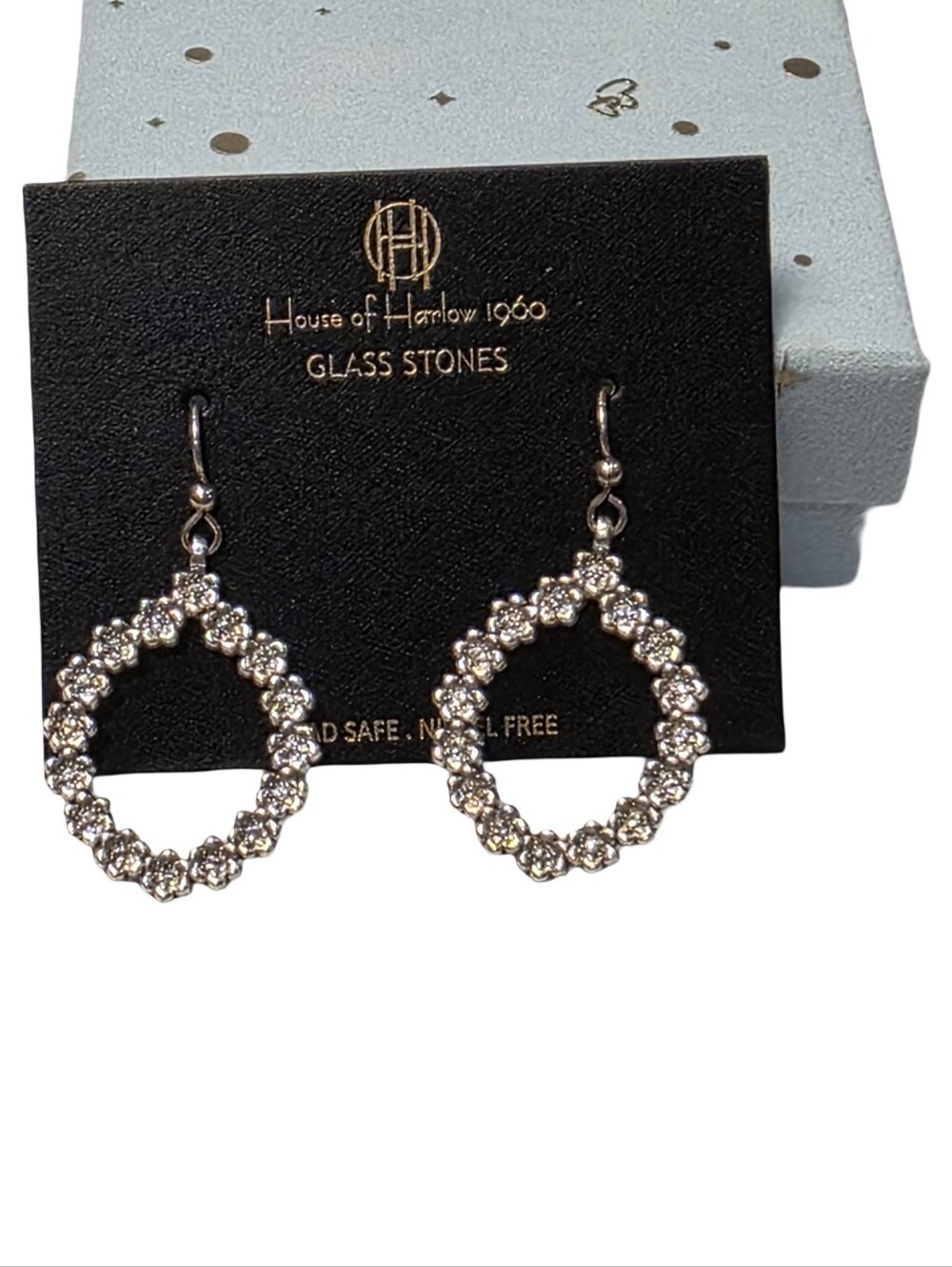 House of Harlow 1960‎ Silver Tone Glass Stone Floral Open Hoop Drop Earrings